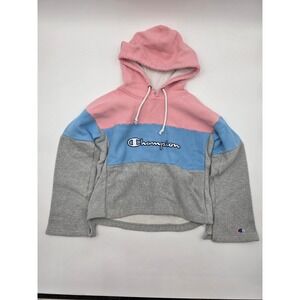 Champion‎ Reverse Weave Hoodie Sweatshirt Cropped Colorblock Pink Blue Gray M